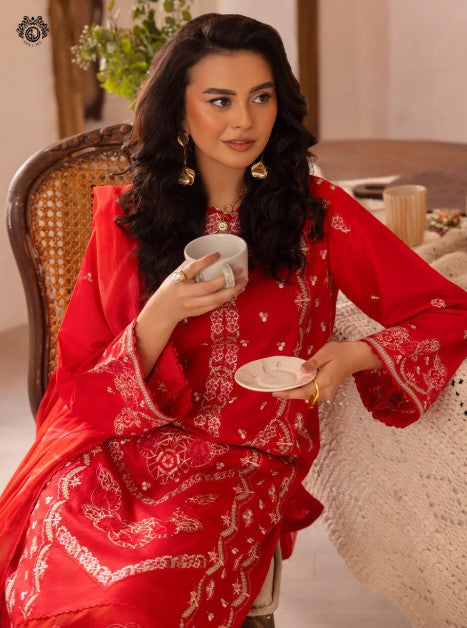 QALAMKARI EMBROIDERY - 3 PC UN-STITCHED (SHIRT TROUSER & DUPPATA)