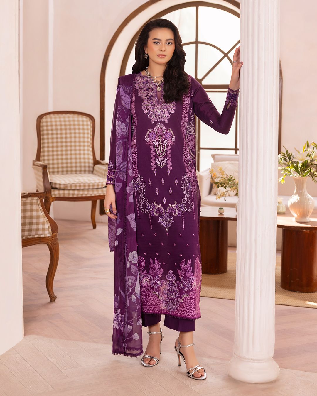 QALAMKARI EMBROIDERY - 3 PC UN-STITCHED (SHIRT TROUSER & DUPPATA)